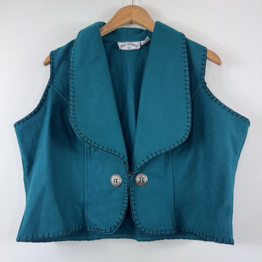 Women’s Vest 1X Vintage Turquoise Wool Blend Equestrian Country Cowboy 90s Teal